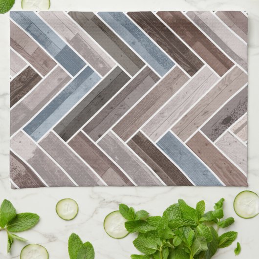 Herringbone Pattern in Blue Brown Grey Theedoek (Gevouwen)