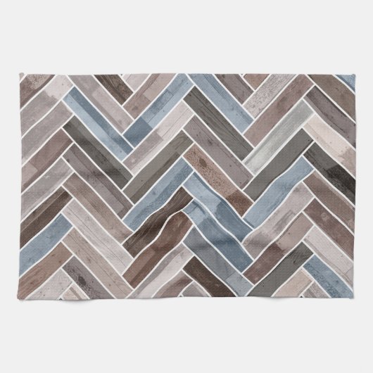 Herringbone Pattern in Blue Brown Grey Theedoek (Horizontaal)