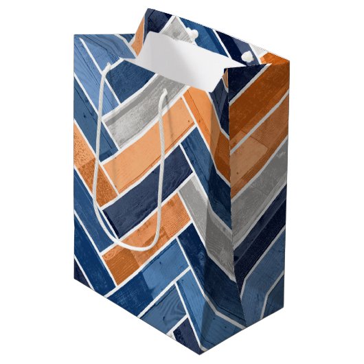 Herringbone Pattern in Navy Blue en Oranje Medium Cadeauzakje (Voorkant Gekanteld)