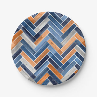 Herringbone Pattern in Navy Blue en Oranje Papieren Bordje