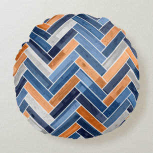Herringbone Pattern in Navy Blue en Oranje Rond Kussen