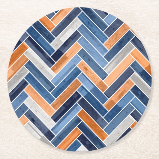 Herringbone Pattern in Navy Blue en Oranje Ronde Kartonnen Onderzetter (Voorkant)