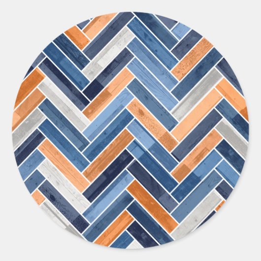 Herringbone Pattern in Navy Blue en Oranje Ronde Sticker (Voorkant)