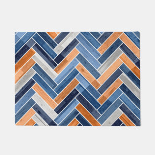 Herringbone Pattern in Navy Blue en Sinaasappel Deurmat