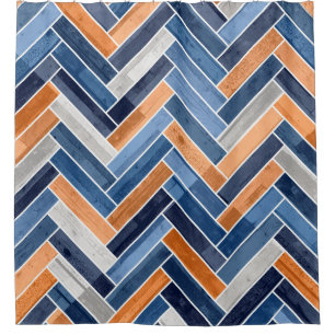 Herringbone Pattern in Navy Blue en Sinaasappel Douchegordijn