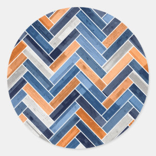 Herringbone Pattern in Navy Blue en Sinaasappel Ronde Sticker