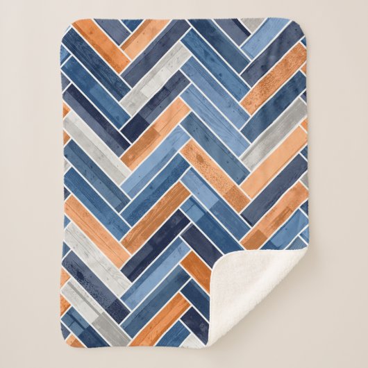Herringbone Pattern in Navy Blue en Sinaasappel Sherpa Deken (Voorkant)