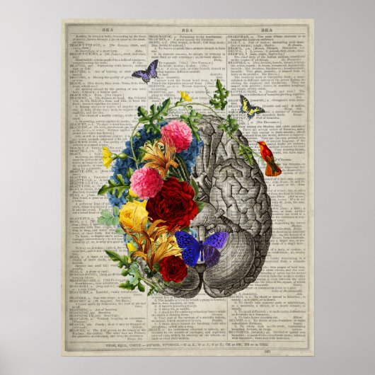 Hersenanatomie Bloemen Kolibrievlinders Poster (Voorkant)