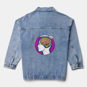 Hersenprofiel menselijk hoofd roze blauw cirkel. denim jacket