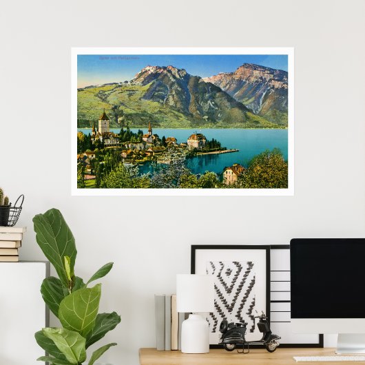  hersteld uitzicht van Spiez (Bern) Zwitserse Alpe Poster (Thuiskantoor)