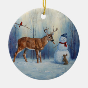 Hert en Gelukkig Sneeuwmannetje Winter Scène Keramisch Ornament