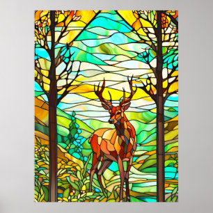 hert in weide Glas in lood Afbeelding Poster