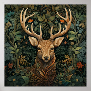 Hert met gewei in magisch bos poster