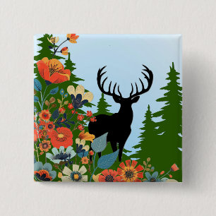 Hert met grote gewei uit bos blauwe lucht vierkante button 5,1 cm