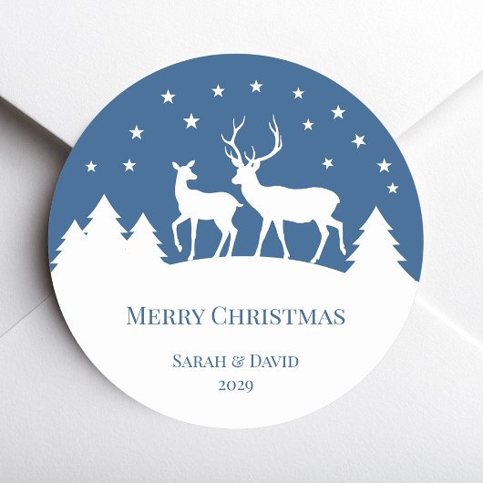 Hert Ree & Doe Blauw Witte Kerstmis Ronde Sticker