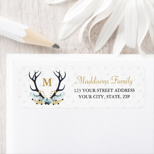 Herten Antler krans goud monogram adres Etiket (Insitu)