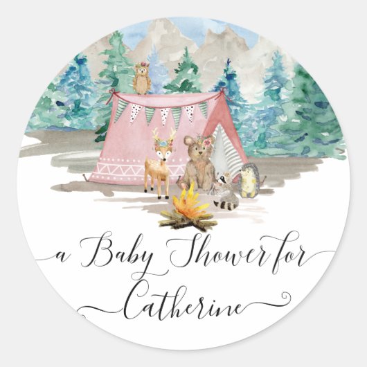 Herten Beer Bos Dieren Bloemen Rustiek Baby shower Ronde Sticker (Voorkant)