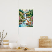 Herten bij Waterfall 3 Poster (Keuken)