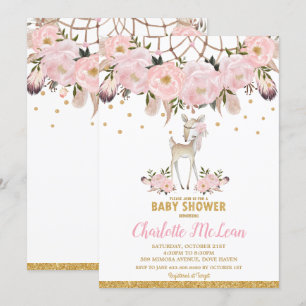 Herten Bloemendroomvanger Baby Shower Boho Meisje Kaart