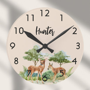 Herten bos bosdieren beige kinderkamer ronde klok
