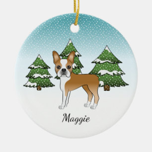 Herten Boston Terrier in een winterbos & naam Keramisch Ornament