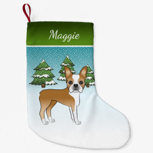 Herten Boston Terrier in een winterbos & naam Kleine Kerstsok