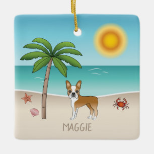 Herten Boston Terrier op een tropisch zomerse stra Keramisch Ornament