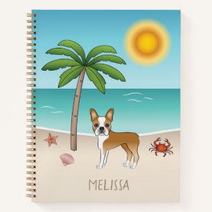 Herten Boston Terrier op een tropisch zomerse stra Notitieboek