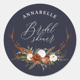 Herten bruiloft in rustieke navyblauwe botanische  ronde sticker