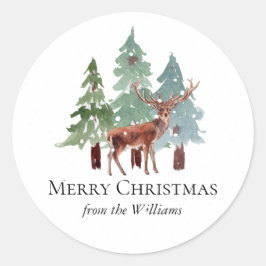 Herten en besneeuwde dennen kerst ronde sticker