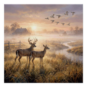 Herten en eenden in ochtendmist perfect poster