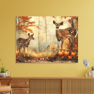 herten en fawn herfstblad 32x24 canvas afdruk