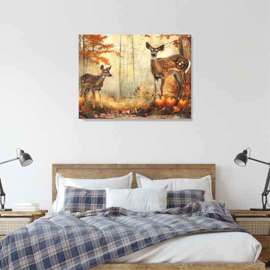  herten en fawn herfstblad 32x24 canvas afdruk (Insitu (Slaapkamer))