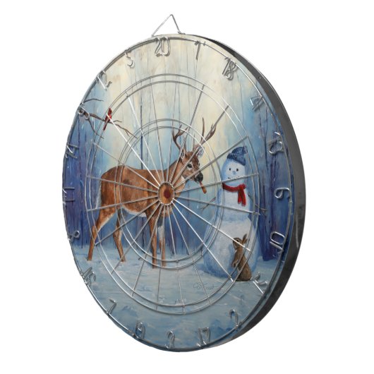 Herten en Gelukkige Sneeuwman Winter Vakantie Scèn Dartbord (Voorkant Rechts)