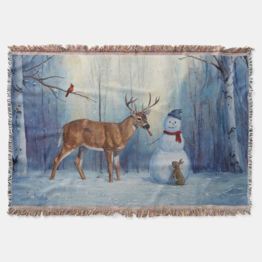 Herten en Gelukkige Sneeuwman Winter Vakantie Scèn Deken (Voorkant)