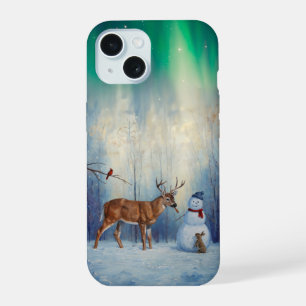 Herten en Gelukkige Sneeuwman Winter Vakantie Scèn iPhone 15 Hoesje