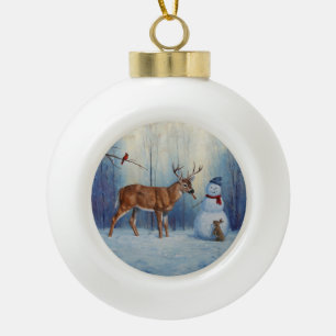 Herten en Gelukkige Sneeuwman Winter Vakantie Scèn Keramische Bal Ornament