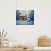 Herten en Gelukkige Sneeuwman Winter Vakantie Scèn Poster (Keuken)