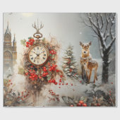 Herten Fawn Kerk Klok Kerstmis Cadeaupapier (Vlak)