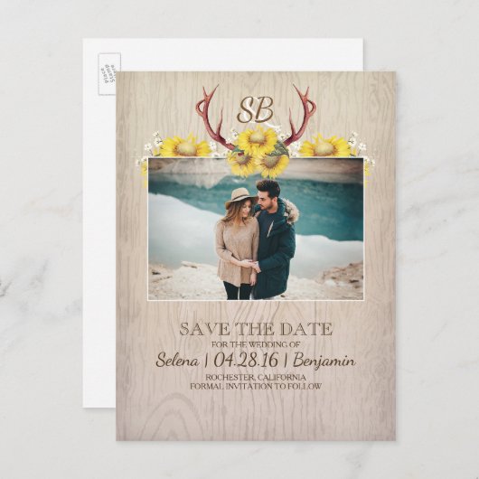 Herten gewei en zonnebloemen foto Save the Date Aankondigingskaart (Voorkant / Achterkant)