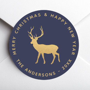 Herten Hert Kerstmis Marineblauw Elegant Nepgoud Ronde Sticker