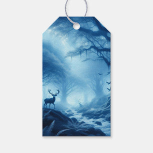 Herten in donker bos van blauwe nevel cadeaulabel