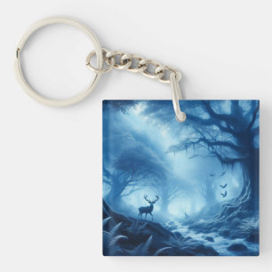 Herten in donker bos van blauwe nevel sleutelhanger