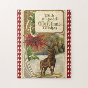 Herten in een Besneeuwd Bos, Poinsettia Kerstwense Legpuzzel