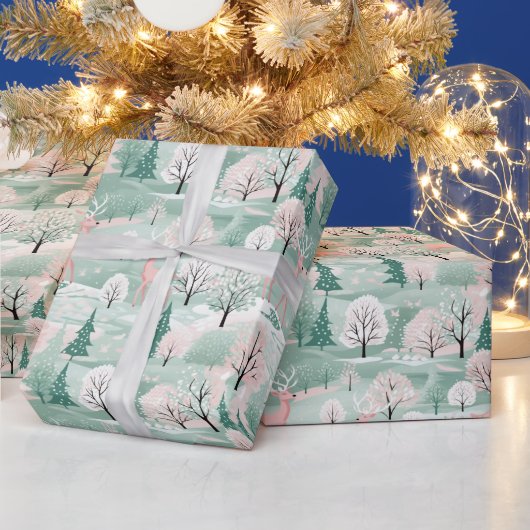 Herten in het bos Munt Groen en Roze Kerstmis Cadeaupapier (Feestdagen)