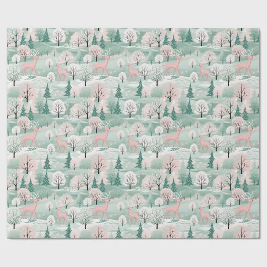 Herten in het bos Munt Groen en Roze Kerstmis Cadeaupapier (Vlak)