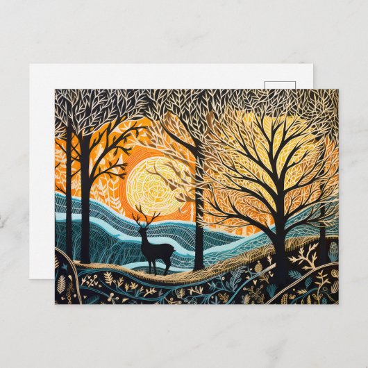 Herten in het winterlandschap. Abstract linoleumbo Feestdagenkaart (Voorkant / Achterkant)