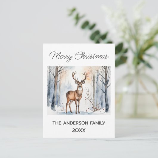 Herten in Snowy Forest Kerstbomen Waterverf Briefkaart (Staand voorkant)