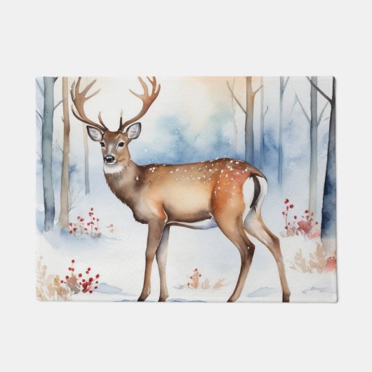 Herten in Snowy Forest Kerstbomen Waterverf Deurmat (Voorkant)