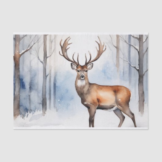 Herten in Snowy Forest Kerstbomen Waterverf Tissuepapier (Voorkant)